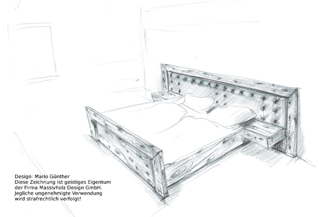 Entwurf Handzeichnung Bett Zirbenholz